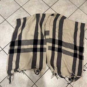 Plaid Fringe Scarf Poncho in Beige and Black OS